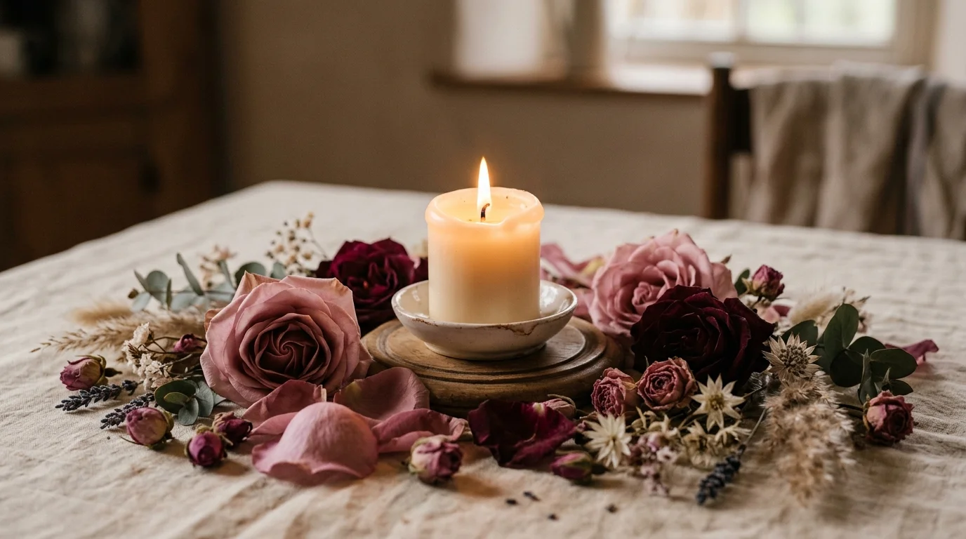 Elegant candle surrounded by soft rose petals and dried florals