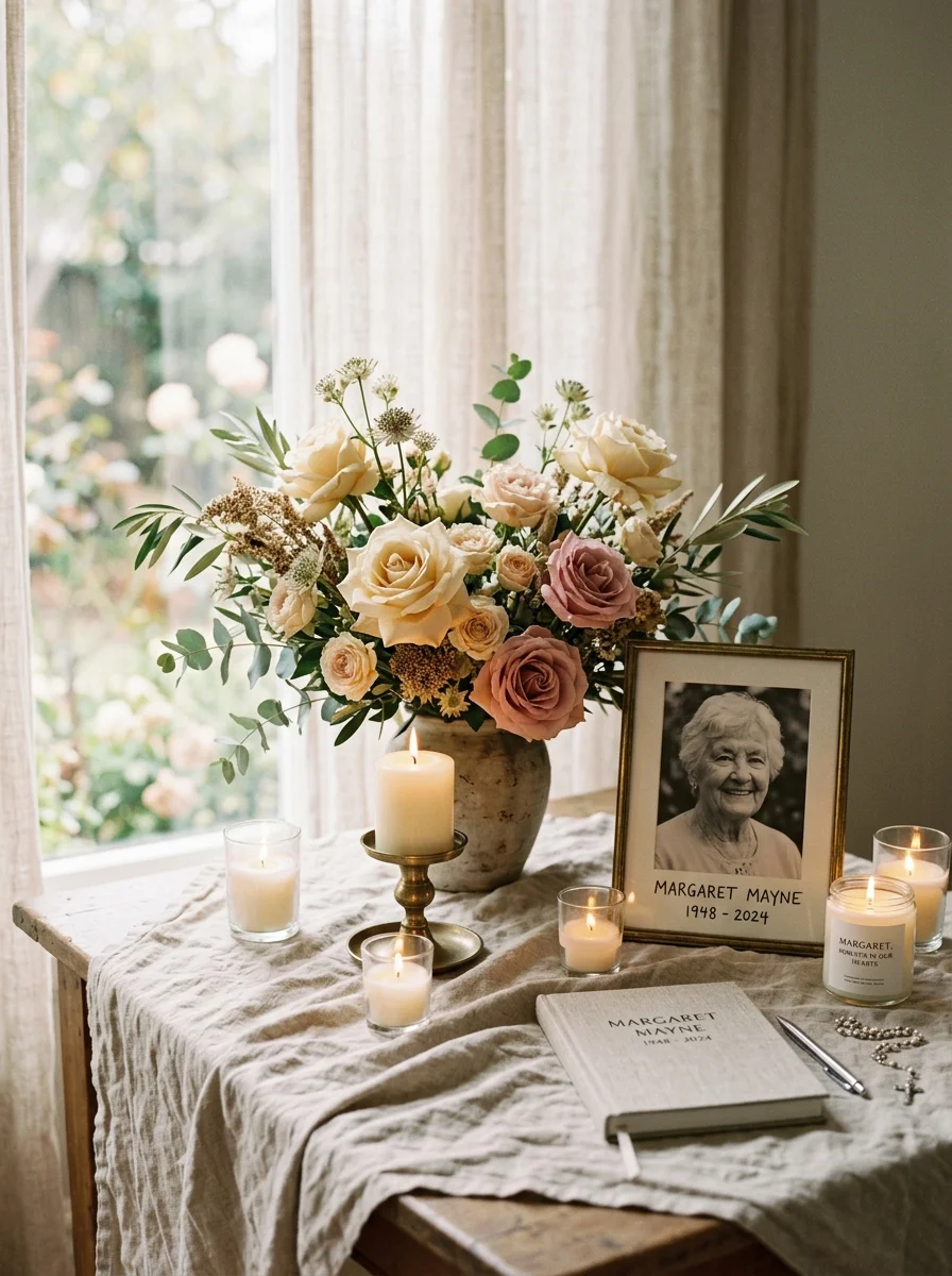 Soft memorial flowers and candlelight in warm cream tones