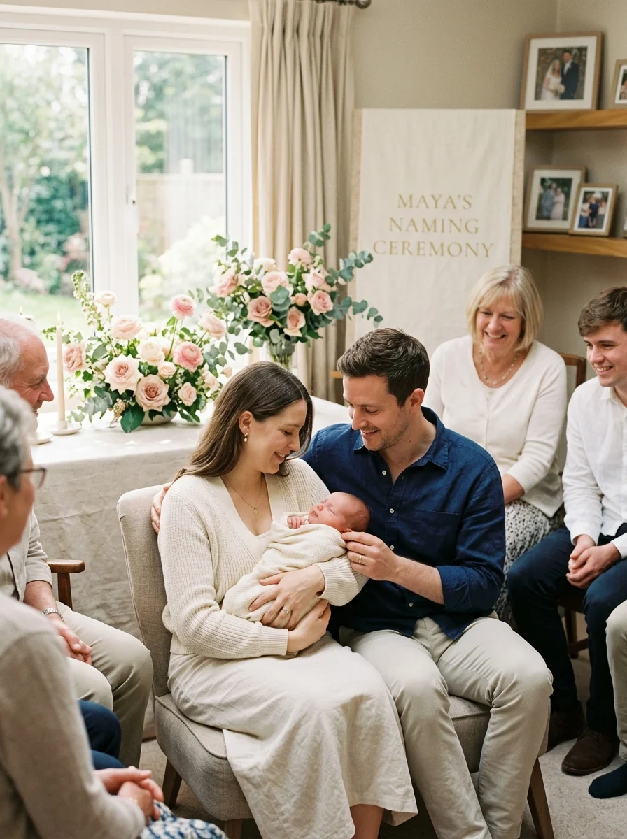 Warm family moment during a naming ceremony with soft natural light
