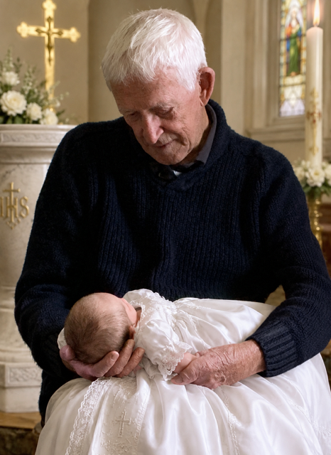 A grandfather gently holding a baby during a naming ceremony