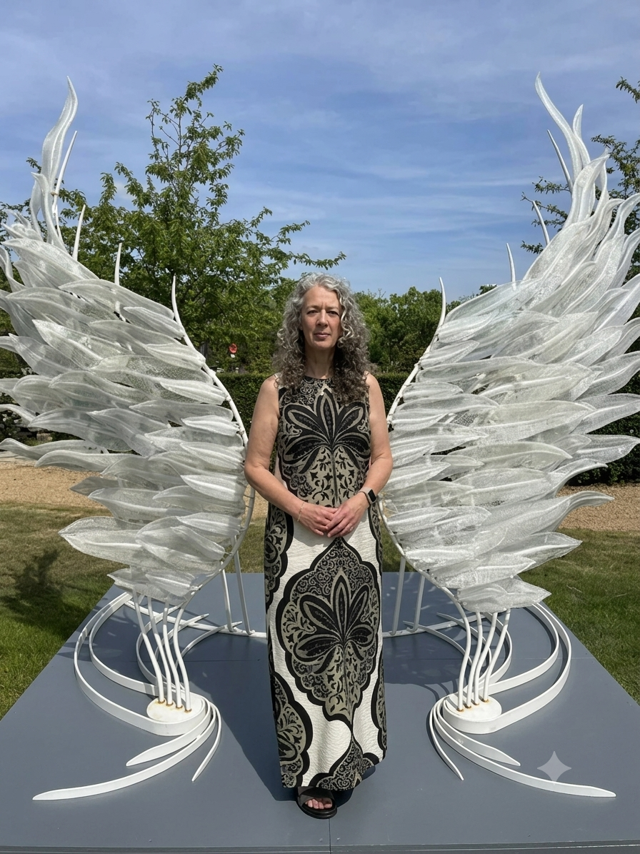 Lynn standing outdoors in front of decorative wings